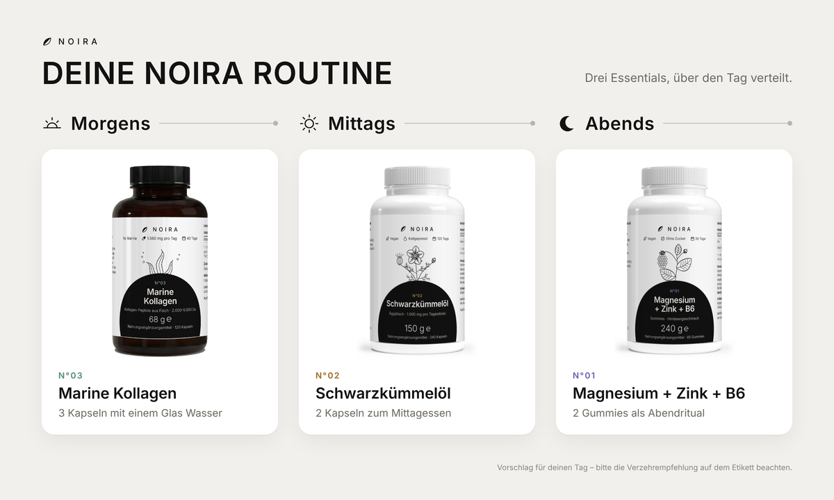 Deine NOIRA Routine – morgens N°03 Marine Kollagen: 3 Kapseln mit einem Glas Wasser. Mittags N°02 Schwarzkümmelöl: 2 Kapseln zum Mittagessen. Abends N°01 Magnesium + Zink + B6: 2 Gummies als Abendritual.